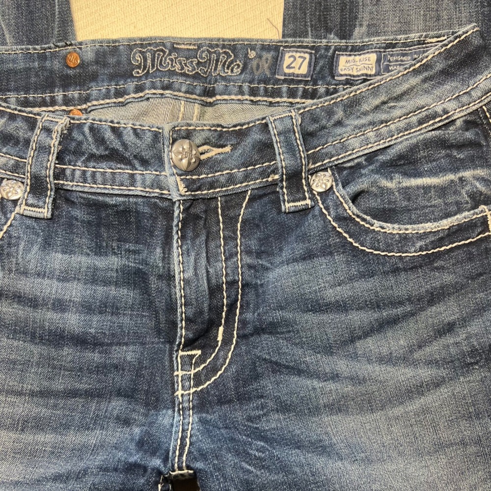 Miss Me Easy Skinny Y2K 2000s Dark Wash Thick Stitch Low Rise Size 27 - Picture 4 of 10